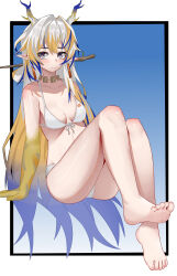 Rule 34 | 1girl, absurdres, arknights, arm support, barefoot, bikini, blonde hair, blue background, blue hair, border, breasts, collarbone, colored skin, dragon girl, dragon horns, feet, front-tie bikini top, front-tie top, full body, gradient background, highres, horns, jewelry, long hair, looking at viewer, multicolored hair, muusn, necklace, outside border, pointy ears, shu (arknights), sitting, soles, swimsuit, toes, white bikini, white border, white hair, yellow skin
