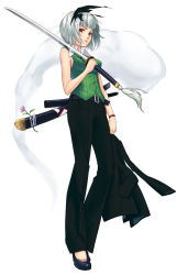 Rule 34 | 1girl, aged up, belt, blouse, collared shirt, contemporary, female focus, flower, formal clothes, green shirt, hair ribbon, hairband, highres, hitodama, jacket, katana, konpaku youmu, konpaku youmu (ghost), pant suit, pants, red eyes, ribbon, shimohigashi kanna, shirt, short hair, silver hair, simple background, sleeveless, sleeveless shirt, solo, standing, suit, sword, touhou, unworn jacket, vest, watch, weapon, white background