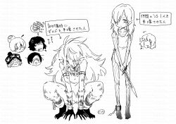 :i absurdres anger_vein bare_arms bare_shoulders barefoot beanie blank_eyes blood blood_from_mouth character_request closed_eyes closed_mouth etrian_odyssey greyscale hair_between_eyes hair_over_one_eye hat head_bump highres holding holding_sword holding_weapon long_hair monochrome monster_girl mouth_hold nikki_kyousuke o_o pointy_ears pout ribs simple_background standing sword translation_request very_long_hair watermark weapon white_background