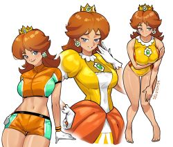 1girl blue_eyes brooch brown_hair crown dress earrings flipped_hair flower_brooch flower_earrings gloves highres jewelry long_hair looking_at_viewer mario_(series) medium_hair midriff multiple_views navel nintendo open_mouth orange_dress princess princess_daisy puffy_sleeves selvish94 short_sleeves simple_background smile solo sphere_earrings sportswear swimsuit thighs white_background white_gloves yellow_dress