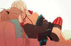 Rule 34 | 2girls, amazuki jou, azur lane, black jacket, black ribbon, black shorts, brown hair, collarbone, couch, gloves, grey hair, hair ribbon, highres, implied kiss, jacket, jean bart (azur lane), long hair, long sleeves, massachusetts (azur lane), multiple girls, off shoulder, on couch, orange eyes, pillow, red gloves, red thighhighs, ribbon, shorts, striped clothes, striped thighhighs, thighhighs, yuri, zipper pull tab