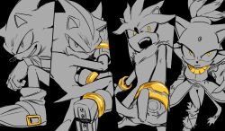 1girl 3boys animal_ears blaze_the_cat bracelet cat_ears diamondx1704 dynamic_pose furry furry_female furry_male grin highres jewelry looking_at_viewer monochrome multiple_boys open_mouth shadow_the_hedgehog shoes silver_the_hedgehog smile sneakers sonic_(series) sonic_the_hedgehog spot_color tagme yellow_eyes
