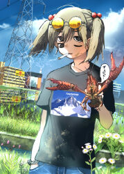 1girl absurdres animal black_eyes black_shirt blue_sky borrowed_character bracelet building canal chain cigarette city cloud cloudy_sky commentary cowboy_shot crayfish dandelion day denim extra_eyes eyewear_on_head field flower giba_ryan green_hair hair_between_eyes hair_bobbles hair_ornament hand_in_pocket highres holding holding_animal jeans jewelry looking_at_another looking_at_viewer medium_hair mountain mud one_eye_closed original outdoors pants power_lines print_shirt rice_paddy round_eyewear shirt short_twintails sky smile smoke smoking solo stain sunglasses t-shirt tinted_eyewear transmission_tower twintails weeds yomeko_(koiso)