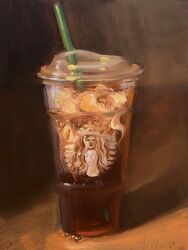 coffee commentary cup disposable_cup drink drinking_straw english_commentary food food_focus highres iced_coffee no_humans noah_verrier oil_painting_(medium) painting_(medium) starbucks still_life traditional_media
