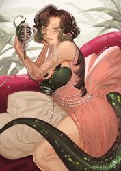 Rule 34 | 1girl, :3, absurdres, anjo nala, bare shoulders, black hair, breasts, cleavage, couch, curled horns, dress, elbow gloves, feet out of frame, gloves, green tail, grey gloves, grey horns, hand on own cheek, hand on own face, hands up, highres, holding, holding microphone stand, horns, large breasts, lizard tail, long hair, looking at viewer, low horns, microphone, microphone stand, on couch, pink dress, plant, purple eyes, reverse:1999, ripshinaide, side slit, sitting, sleeveless, sleeveless dress, solo, tail, vintage microphone