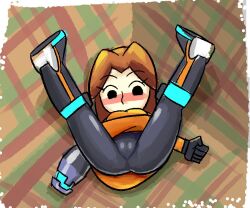 Rule 34 | 1girl, arm cannon, armor, armored boots, ass, belt, belt buckle, black belt, black eyes, black gloves, black leggings, black pants, blush, blush stickers, boots, border, breasts, brown hair, buckle, cameltoe, clenched hand, clenched hands, dress, embarrassed, full body, gloves, jaggy lines, knee boots, latex, latex legwear, leg up, leggings, legs up, long sleeves, looking down, medium breasts, medium hair, mii (nintendo), mii gunner, mii gunner (smash 4), minuspal, neon trim, nintendo, nose blush, orange sweater, pants, pantyhose, parted bangs, plaid background, pussy, short hair, sidelocks, sketch, solo, spread legs, super smash bros., sweater, upskirt, weapon