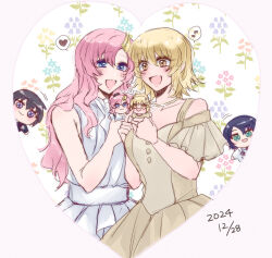 Rule 34 | 2girls, athrun zala, blonde hair, blue eyes, blue hair, blush, brown hair, cagalli yula athha, character doll, chibi, chibi inset, dated, doll, dress, floral background, green eyes, gundam, gundam seed, gundam seed freedom, hair ornament, heart, highres, holding, holding doll, kira yamato, lacus clyne, long hair, multiple girls, musical note, nun (eri), pink hair, purple eyes, short hair, sleeveless, smile, spoken heart, spoken musical note, white dress, yellow dress, yellow eyes