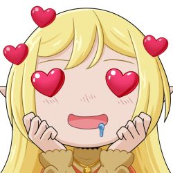 1girl :d bad_tag blonde_hair blush chibi commission commissioner_upload drooling elf emoji emoticon hair_ornament hands_on_own_face hands_up heart heart-shaped_pupils heart_hair_ornament jewelry long_hair long_sleeves lotte_farona lowres mouth_drool necklace official_art open_mouth pointy_ears saliva selinanovalight smile solo symbol-shaped_pupils ways_of_darkness_(series)