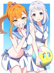 Rule 34 | 2girls, ball, beachball, bikini, blue background, blue eyes, blue hair, blue nails, blue sailor collar, blue skirt, blush, breasts, commentary request, fingernails, gakuen idolmaster, green eyes, grey hair, grin, highres, holding, holding ball, holding beachball, hyoe (hachiechi), idolmaster, katsuragi lilja, looking at viewer, medium breasts, mole, mole under eye, multicolored hair, multiple girls, nail polish, orange hair, ponytail, sailor bikini, sailor collar, sailor swimsuit (idolmaster), shiun sumika, short hair, skirt, smile, swimsuit, two-tone background, two-tone hair, two-tone skirt, white background, white skirt