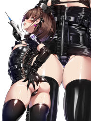 1girl absurdres ass ass_grab blush braid dress earrings enamel_leather_dark_nurse gloves grabbing_own_ass hat highres holding holding_syringe jewelry kantai_collection latex latex_bra latex_dress latex_gloves latex_jacket latex_legwear latex_panties looking_at_viewer multiple_views nurse nurse_cap open_mouth panties short_hair_with_long_locks side_braids solo sweat syringe thighs thong torisan ukuru_(kancolle) underwear