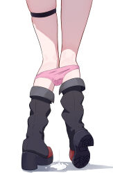 Rule 34 | 1girl, absurdres, argusrho 01, black boots, blue archive, boots, heel up, highres, kneepits, legs, lower body, mutsuki (blue archive), out-of-frame censoring, panties, panty pull, pink panties, simple background, skindentation, solo, standing, suggestive fluid, thigh strap, underwear, white background