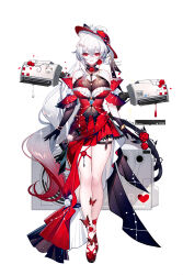 1girl absurdres bare_legs bare_shoulders black_gloves breasts detached_sleeves dress full_body gloves hat highres large_breasts long_hair looking_at_viewer original parted_lips red_dress red_eyes red_hat sheya short_sleeves simple_background solo standing thigh_strap very_long_hair white_background white_hair