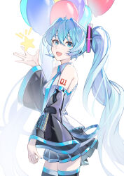 1girl absurdres aqua_eyes balloon bell chinese_commentary commentary_request cowbell grey_shirt hatsune_miku highres long_hair looking_at_viewer open_mouth shirt simple_background sleeveless sleeveless_shirt smile solo star_(symbol) twintails very_long_hair vocaloid white_background zuiai_gongzhu_dianxia