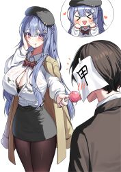 &gt;_&lt; 1boy 1girl :d absurdres administrator_(counter:side) beret black_bra black_hat black_skirt bow bowtie bra breasts brown_pantyhose candy cleavage closed_mouth coat coat_on_shoulders collared_shirt counter:side dress_shirt food half_updo hand_on_own_cheek hand_on_own_face hand_up hat heart high-waist_skirt highres holding holding_candy holding_food holding_lollipop jinggun lace lace-trimmed_bra lace_trim large_breasts lollipop long_sleeves miniskirt open_clothes open_mouth open_shirt pantyhose pencil_skirt shirt shirt_tucked_in simple_background skirt smiel smile solo_focus swan_claire tongue tongue_out underwear white_background white_shirt xd yellow_coat
