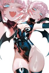 1girl absurdres armpits bat_wings black_gloves black_leotard black_thighhighs blue_eyes blush braid braided_hair_rings breasts cleavage_cutout closed_mouth clothing_cutout cowboy_shot elbow_gloves fang fang_out foolish_potato gloves gluteal_fold hair_rings halter_leotard halterneck hand_on_own_hip highleg highleg_leotard highres leotard looking_at_viewer medium_breasts multiple_views nanakusa_nazuna_(yofukashi_no_uta) one_eye_closed open_mouth pink_hair ringed_eyes shiny_clothes shiny_skin smile standing thick_eyebrows thighhighs v-shaped_eyebrows wings yofukashi_no_uta