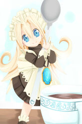 1girl 2000s_(style) apron black_dress blonde_hair blue_eyes commentary cup dress english_commentary holding holding_spoon long_hair looking_at_viewer maguro-chan maid maid_headdress mini_person minigirl original painttool_sai_(medium) smile solo spoon tea teacup very_long_hair white_apron