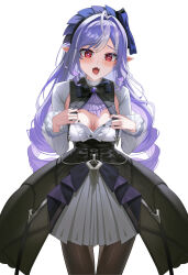 1girl ahoge black_nails black_pantyhose breasts chinese_commentary cleavage commentary_request dress fang heart heart-shaped_pupils highres long_hair looking_at_viewer medium_breasts mole mole_under_eye open_mouth pantyhose pointy_ears simple_background skin_fang solo symbol-shaped_pupils takibi_(tamikyo) very_long_hair vivian_banshee white_background white_dress zenless_zone_zero