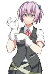 10s 1girl adjusting_clothes adjusting_gloves blue_eyes female_focus gloves hair_ornament kantai_collection kupala looking_at_viewer neck_ribbon pink_hair ponytail red_ribbon ribbon school_uniform shaded_face shiranui_(kancolle) short_hair skirt solo white_background white_gloves