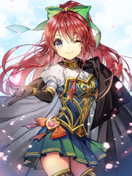 1girl ;) armor black_cape black_gloves blowing_kiss blue_eyes bow breastplate cape closed_mouth cowboy_shot dress_shirt elbow_gloves ells floating_hair gloves green_bow green_shirt hair_bow high_ponytail long_hair looking_at_viewer miniskirt one_eye_closed orange_bow original pleated_skirt ponytail red_hair shirt skirt smile solo thighhighs very_long_hair white_shirt yellow_trim zettai_ryouiki