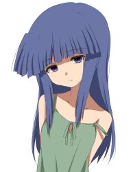 Rule 34 | 07th expansion, 1girl, arms behind back, blue eyes, blue hair, blunt bangs, closed mouth, dress, furude rika, green dress, highres, higurashi no naku koro ni, light frown, long sleeves, looking at viewer, poyadevil, sidelocks, simple background, solo, sundress, upper body, white background