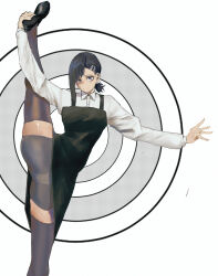 absurdres apron balancing chainsaw_man circle dress hair_ornament hairclip higashiyama_kobeni highres kipnevh leg_up leggings looking_at_viewer nervous panties ponytail shiny_skin shoes short_ponytail single_bang skirt spiral_background standing standing_on_one_leg tagme target thighhighs underwear