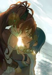 Rule 34 | 2girls, bare shoulders, black bow, blue eyes, blue hair, blush, bow, cape, cropped legs, detached sleeves, dutch angle, forehead-to-forehead, fortissimo, gloves, hair bow, hair ornament, hand on another&#039;s neck, hand on another&#039;s waist, heads together, long hair, looking at another, magical girl, mahou shoujo madoka magica, miki sayaka, miki sayaka (magical girl), multiple girls, nose blush, ponytail, red eyes, red hair, ryy0918, sakura kyoko, sakura kyoko (magical girl), short hair, smile, white gloves, yuri