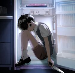 Rule 34 | 1boy, :|, ankle socks, antenna hair, backlighting, black eyes, black hair, black shoes, black sweater vest, brown shorts, closed mouth, collared shirt, commentary, empty eyes, english commentary, expressionless, food, full body, hair behind ear, hair over one eye, highres, holding, holding knife, indoors, kitchen knife, knees up, knife, loafers, male focus, meat, momi omori, night, no pupils, omori, one eye covered, refrigerator, shirt, shoes, short hair, short sleeves, shorts, sitting, socks, solo, sunny (omori), sweater vest, very short hair, white shirt, white socks