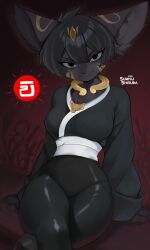 absurdres animal_ears animal_nose black_eyes black_fur black_hair body_fur breasts furrification furry furry_female highres interspecies japanese_clothes kimono medium_breasts multicolored_fur non-web_source sitting sumisushiruba