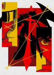 1boy aayes19 assault_visor black_hair demon_horns demon_wings full_body greatsword halo halo_behind_head hand_up helmet highres holding holding_sword holding_weapon horns kabuto_kouji looking_at_viewer male_focus mazinger_(series) mazinkaiser mazinkaiser_(robot) mecha mecha_focus multiple_views red_eyes red_theme robot serious short_hair sideburns silhouette single_letter super_robot sword weapon wings yellow_eyes yellow_halo