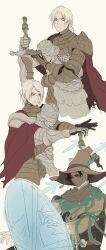 Rule 34 | 3boys, arm armor, armor, beard, blue eyes, breastplate, brown cape, brown eyes, brown hat, brown jacket, cape, casting spell, character request, chinese commentary, cloak, closed mouth, commentary request, d beholder of death, d hunter of the dead, elden ring, eyeshadow, facial hair, full armor, gauntlets, green cape, hat, highres, holding, jacket, light smile, long hair, looking at viewer, looking to the side, makeup, medium hair, multiple boys, reaching, red cloak, shadow, shoulder armor, siblings, twins, tworain w, upper body, white background, white hair, witch hat