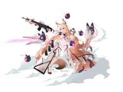 1girl :3 absurdres animal_ears barcode barcode_tattoo blonde_hair breasts drone full_body g41_(girls&#039;_frontline) girls&#039;_frontline gun heterochromia highres holding holding_gun holding_weapon liwendala long_hair navel open_mouth original panties solo tattoo underwear very_long_hair weapon white_panties