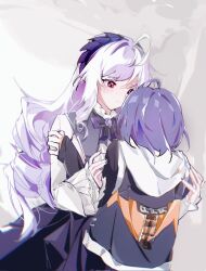 2girls belle_(zenless_zone_zero) blush closed_mouth coloki hair_between_eyes highres long_hair multicolored_hair multiple_girls purple_eyes red_eyes short_hair sidelocks streaked_hair vivian_(zenless_zone_zero) white_hair yuri zenless_zone_zero
