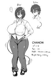 1girl blush breasts bursting_breasts button_gap chanom_(minori) commentary cow_girl cow_horns cow_tail english_commentary english_text female_focus full_body genderswap genderswap_(mtf) glasses hair_between_eyes horns huge_breasts minori_(user_eket5233) monochrome original pants shirt short_hair solo standing tail thick_thighs thighs white_background white_shirt wide_hips