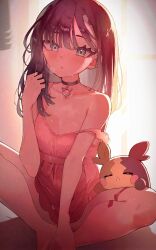 1girl bare_shoulders black_choker black_hair blush breasts choker closed_mouth dress gen_8_pokemon green_eyes highres looking_at_viewer marnie_(pokemon) morpeko morpeko_(full) nintendo pink_dress pokemon pokemon_(creature) pokemon_swsh red_ribbon ribbon rindoriko
