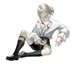 1boy :| black_shoes black_shorts black_socks blood blood_on_chest blood_on_hands blue_eyes closed_mouth collarbone collared_shirt expressionless final_fantasy final_fantasy_xiv forehead_jewel glass_shard glass_shards grey_hair head_tilt highres holding_glass_shard injury knee_up long_sleeves male_focus medium_hair og-pogg open_clothes open_hand open_shirt parted_bangs shirt shoes shorts sidelocks simple_background sitting socks solo white_background white_shirt zenos_yae_galvus