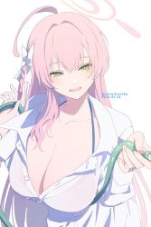 1girl ahoge artist_name blue_archive blush bow braid breasts buttons chinikuniku collarbone collared_shirt dated fingernails green_eyes hair_between_eyes hair_bow halo hanako_(blue_archive) hanako_(swimsuit)_(blue_archive) hands_up holding holding_hose hose large_breasts long_hair long_sleeves looking_at_viewer open_mouth pink_hair shirt simple_background single_braid smile solo standing water white_background white_bow white_shirt