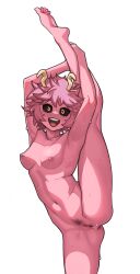 Rule 34 | 1girl, :d, absurdres, anus, armpits, ashido mina, ass, barefoot, black sclera, boku no hero academia, breasts, colored sclera, colored skin, commentary, completely nude, english commentary, feet, female pubic hair, flexible, highres, holding own leg, horns, kneepits, leg lift, looking at viewer, madaotheory, medium breasts, navel, nipples, nude, open mouth, pink hair, pink skin, pubic hair, pussy, short hair, simple background, smile, soles, solo, split, standing, standing on one leg, standing split, sweat, thighs, toes, uncensored, white background, yellow eyes