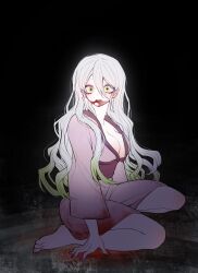 Rule 34 | 1girl, absurdres, barefoot, black background, blood, blood on face, breasts, cleavage, daki (kimetsu no yaiba), full body, green eyes, highres, japanese clothes, kimetsu no yaiba, kimono, large breasts, long hair, looking at viewer, nail polish, pink kimono, rand (user cpvm2834), red nails, simple background, solo, wavy hair, white hair