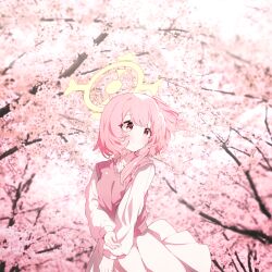 1girl absurdres blue_archive blush cherry_blossoms closed_mouth collared_shirt commentary day glimer3048 halo highres korean_commentary long_sleeves medium_hair one_side_up outdoors pink_eyes pink_hair pink_sweater_vest serina_(blue_archive) shirt skirt smile solo sweater_vest white_halo white_shirt white_skirt
