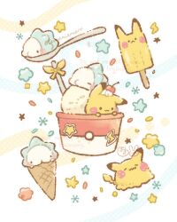 bow cherry commentary_request food fruit gen_1_pokemon gen_8_pokemon highres ice_cream ice_cream_cone ice_cream_cup lightning_bolt_symbol nintendo no_humans pikachu pokemon pokemon_(creature) pokemon_focus popsicle snom snowflakes spoon star_(symbol) temariame14 twitter_username watermark yellow_bow