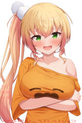 Rule 34 | 1girl, alternate costume, arms under breasts, blonde hair, blush, breasts, character print, collarbone, commentary request, crossed bangs, dot nose, fang, gradient hair, green eyes, hair ornament, hair over shoulder, highres, hololive, large breasts, long hair, looking at viewer, momosuzu nene, multicolored hair, nekko (momosuzu nene), open mouth, orange shirt, pink hair, pom pom (clothes), pom pom hair ornament, print shirt, shirt, side ponytail, sidelocks, simple background, single off shoulder, skin fang, smile, smug, solo, suicabar72, twitter username, upper body, watermark, white background