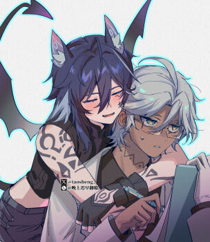 Rule 34 | 2boys, animal ears, aqua eyes, arm tattoo, bat ears, black gloves, black hair, black shirt, closed eyes, crop top, dark-skinned male, dark skin, demon tail, demon wings, facial mark, fangs, genshin impact, glasses, gloves, grey hair, highres, holding, holding pen, ifa (genshin impact), jacket, male focus, multicolored hair, multiple boys, open mouth, ororon (genshin impact), pen, shirt, smile, streaked hair, tail, taosheng, tattoo, white background, white gloves, white jacket, wings, yaoi