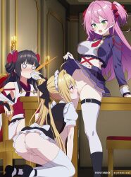 3girls absurdres amatsu_karla anus armpits artist_name ascot ass black_hair black_shoes blonde_hair bow breasts censored clothes_lift commentary_request commission cunnilingus eufoniuz female_masturbation fingering furrowed_brow green_eyes hair_bow high_ponytail highres hikikomari_kyuuketsuki_no_monmon indoors kneeling lifting_own_clothes long_hair long_sleeves maid_headdress masturbation mosaic_censoring multiple_girls navel nelia_cunningham no_panties o_o open_mouth oral pink_hair pixiv_commission pixiv_username pleated_skirt ponytail pussy_juice red_ascot red_bow red_eyes shoes sitting skindentation skirt skirt_lift spit_take spitting table terakomari_gandezblood thighhighs tongue tongue_out two_side_up white_thighhighs yuri