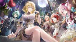 3boys 3girls abs aerial_fireworks aglaea_(honkai:_star_rail) anaxa_(honkai:_star_rail) blonde_hair blue_eyes blush bracelet breasts cleavage commentary crossed_legs double-parted_bangs english_commentary fireworks green_eyes green_hair hair_between_eyes highres honkai:_star_rail honkai_(series) hyacine_(honkai:_star_rail) jewelry large_breasts little_ica_(honkai:_star_rail) moon multiple_boys multiple_girls mungduck mydei_(honkai:_star_rail) night night_sky phainon_(honkai:_star_rail) pink_hair red_hair short_sleeves sidelocks sitting sky swept_bangs tattoo thighlet tribbie_(honkai:_star_rail)