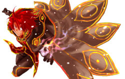 1boy brown_cape brown_gloves brown_pants cape closed_mouth commentary_request full_body gloves gold_trim jumping looking_at_viewer magic makishi_yaichi male_focus pants ragnarok_online red_eyes red_hair red_shirt shirt short_hair simple_background smile solo spiked_hair white_background wizard_(ragnarok_online)