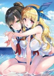 2girls absurdres black_hair blue_sailor_collar blush breasts day emily_(pure_dream) grabbing_from_behind green_eyes hair_ornament hairband highres large_breasts long_hair midriff multiple_girls navel neckerchief ocean open_mouth outdoors red_eyes red_ribbon renai_kinshi_gakuen ribbon sailor_collar sitting sky sleeveless swimsuit thighs uemura_erika underwear very_long_hair water wet