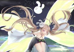 1girl absurdres attilio_regolo_(azur_lane) azur_lane bare_shoulders black_dress breasts brown_hair criss-cross_halter detached_sleeves dress hair_between_eyes hair_ornament halterneck heart heart-shaped_pupils highres livetarica long_hair long_sleeves looking_at_viewer purple_eyes rabbit_hair_ornament signature small_breasts solo symbol-shaped_pupils very_long_hair very_long_sleeves