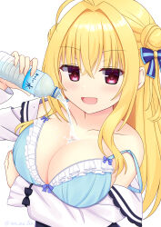 1girl :d ahoge arm_under_breasts bare_shoulders blonde_hair blue_bow blue_bra blush bottle bow bow_bra bra breasts cleavage clothes_pull collarbone commentary_request crossed_bangs double_bun eyes_visible_through_hair frilled_bra frills hair_between_eyes hair_bow hair_bun hair_intakes hamidashi_creative hand_up highres holding holding_bottle izumi_hiyori large_breasts long_hair long_sleeves nanatsu_(na_na_tsu) naughty_face open_mouth red_eyes shirt shirt_pull sidelocks simple_background smile smug solo sparkle strap_slip twitter_username two_side_up underwear upper_body water water_bottle water_drop white_background white_shirt