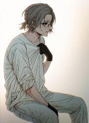 1boy aotsuki_eito black_gloves blue_eyes clothes_tug collarbone glasses gloves grey_hair hand_up highres looking_ahead male_focus pants ponytail saeji3434 shirt short_hair simple_background sitting sleeves_rolled_up solo sweat the_hundred_line_-last_defense_academy- white_pants white_shirt