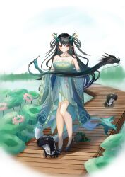 1girl absurdres arknights bare_shoulders bitey_(arknights) black_hair black_shoes breasts chinese_commentary cleavage collarbone commentary_request dragon dragon_bubble_(arknights) dragon_girl dragon_horns dragon_tail dusk_(arknights) earrings eastern_dragon flower full_body green_hair high_heels highres holding holding_paintbrush horns jewelry large_breasts long_hair looking_at_viewer magic multicolored_eyes multicolored_hair no_socks orange_eyes paintbrush pink_flower pointy_ears shoes solo standing streaked_hair tail tassel tassel_earrings two-tone_eyes yellow_eyes zikongyexixi